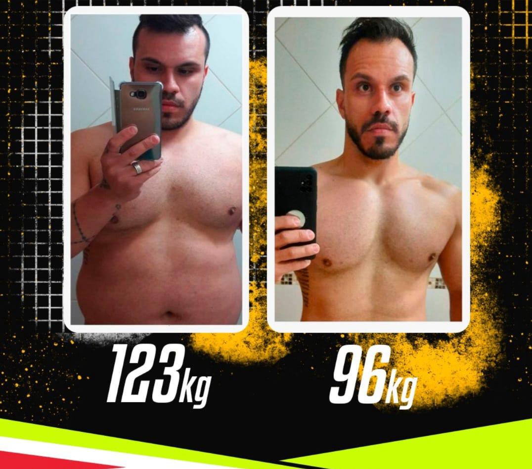 Comparativo de transformação pessoal: 123 kg para 96 kg